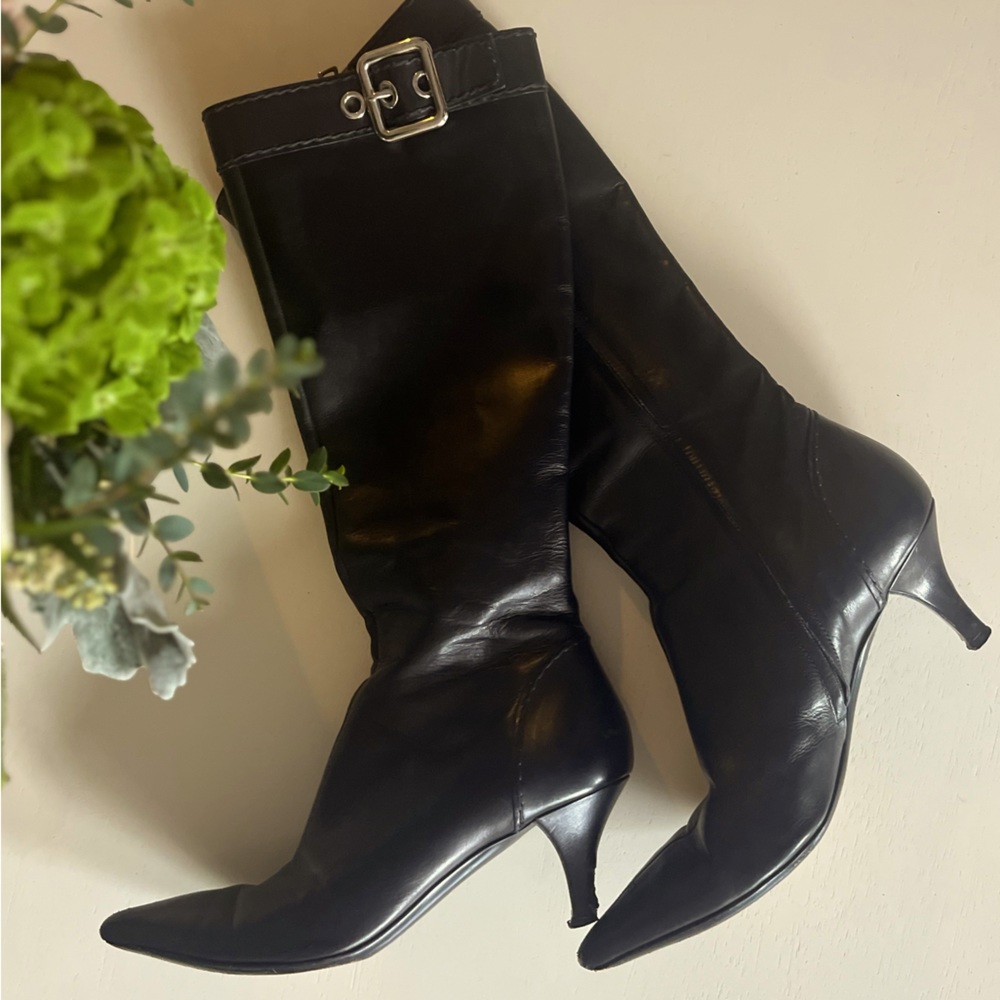 Vintage Prada kitten heeled boots, black leather, size 36.5